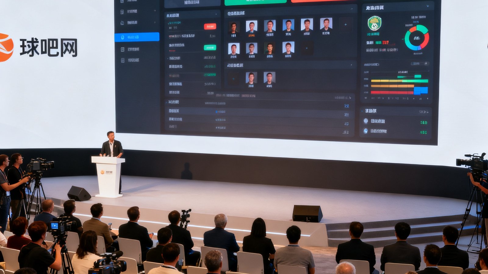 球吧网产品发布会现场，大屏幕上展示全新智能预测系统界面，台下坐满媒体记者与合作伙伴