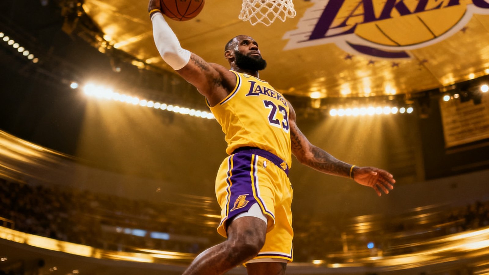 NBA赛场上勒布朗·詹姆斯完成高难度扣篮的精彩瞬间截图，背景为湖人主场金色灯光